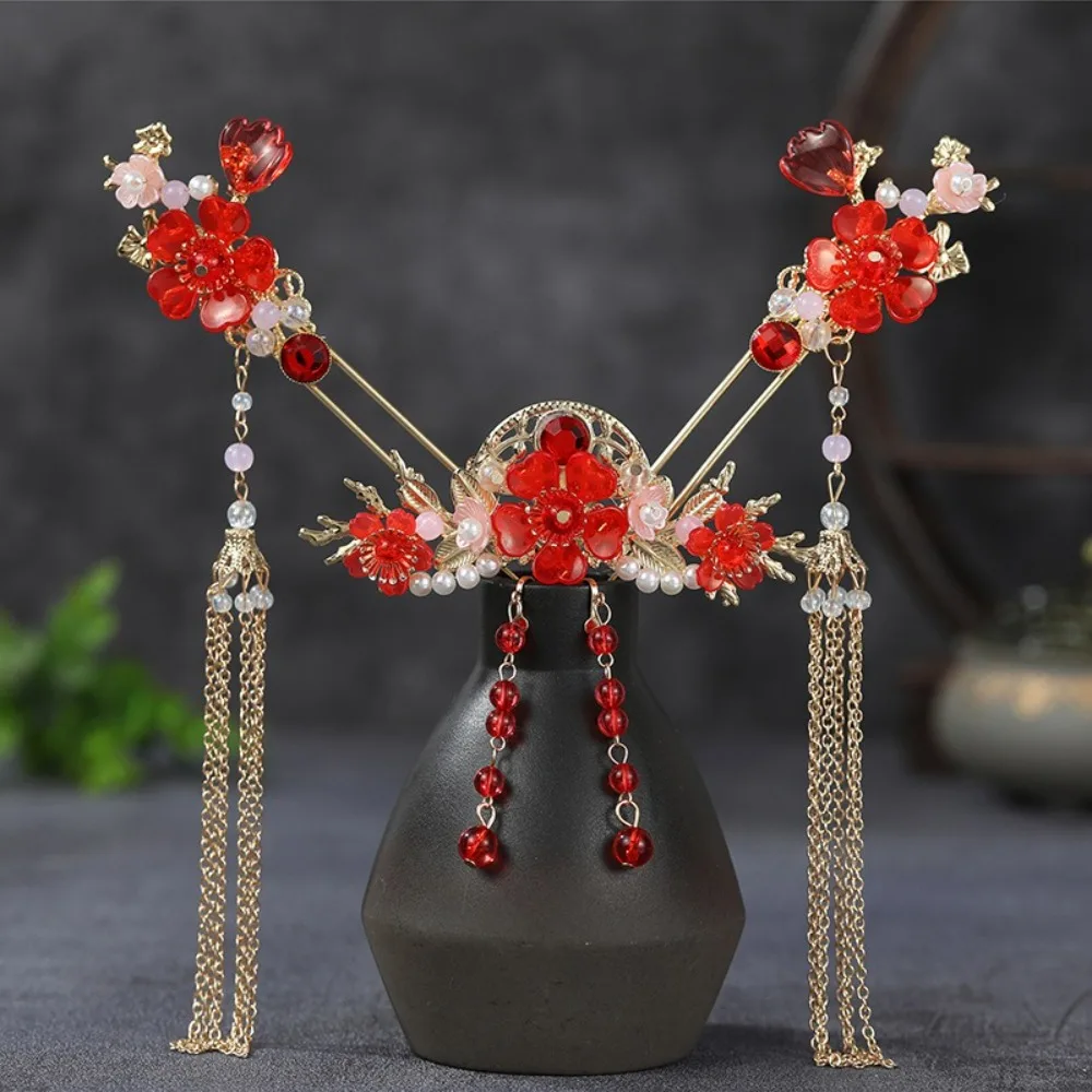 Jewelry Flower Bridal Headwear Tassel Plastic Wedding Hair Sticks Tiaras Alloy Earrings Hairpin Set Hanfu