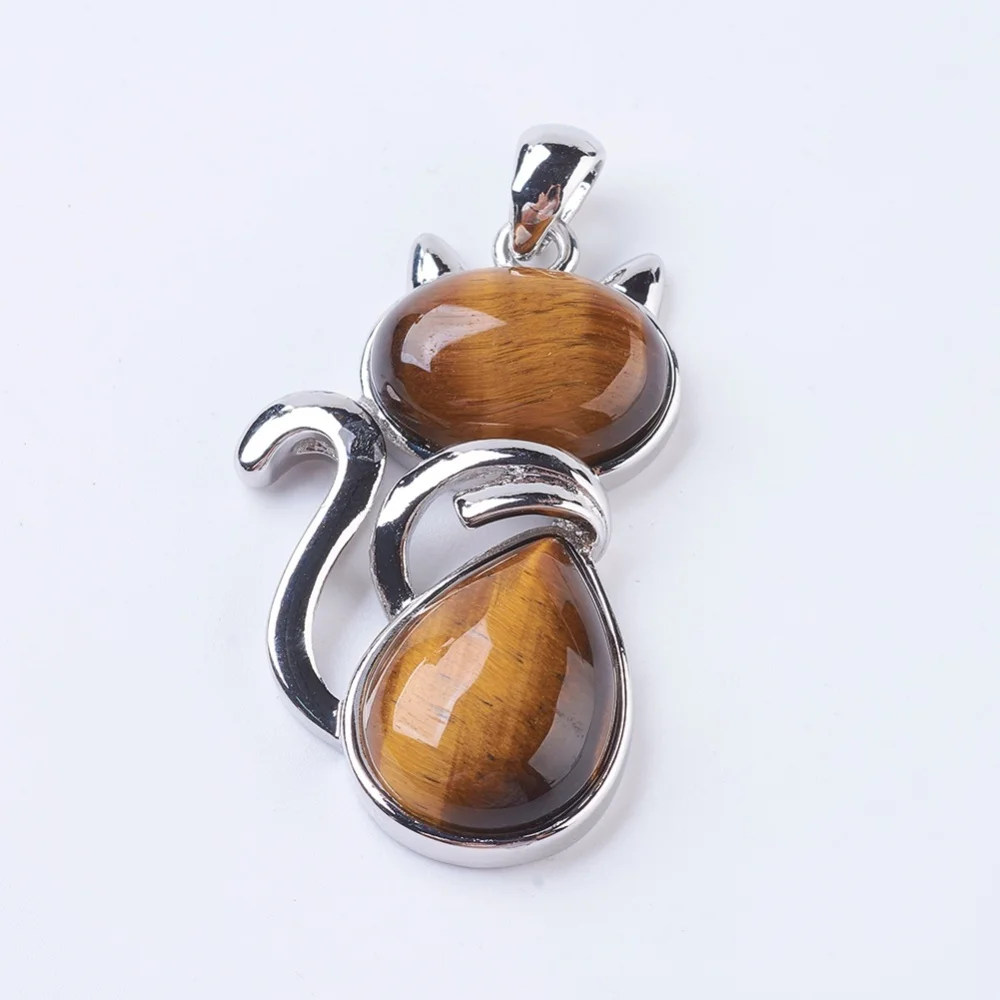 1Pcs Tiger Eye Kitten Pendants Cat Silhouette Shape Pendant with Brass Findings Platinum Pendant Ornament for Necklace Bracelet