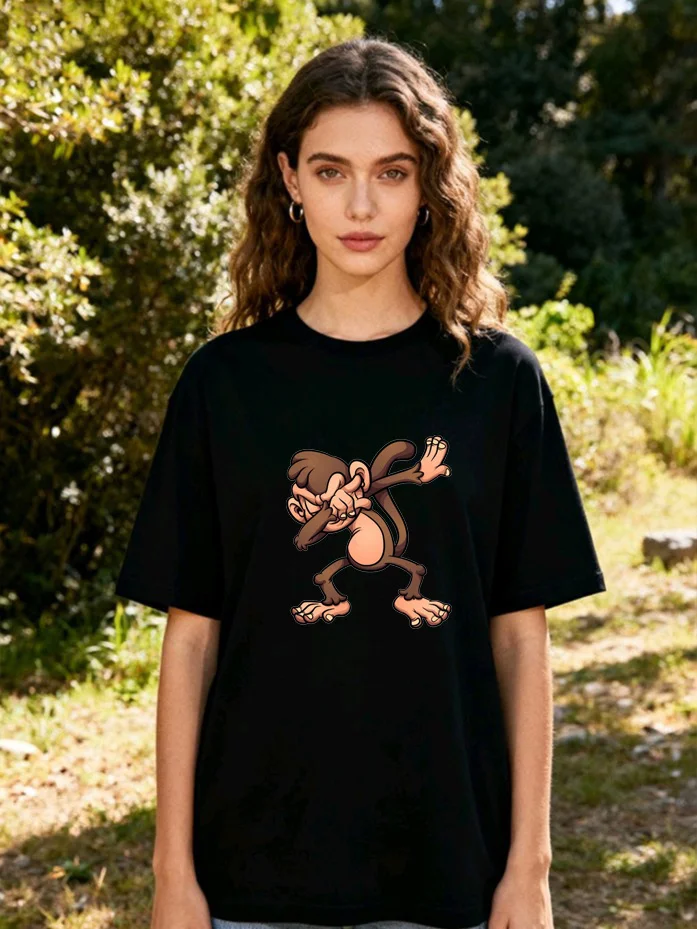 Hip Hop Blindfolded Monkey Short Sleeved T-shirt, European and American Street Style Loose Cotton Men's and Women's Couple's Top