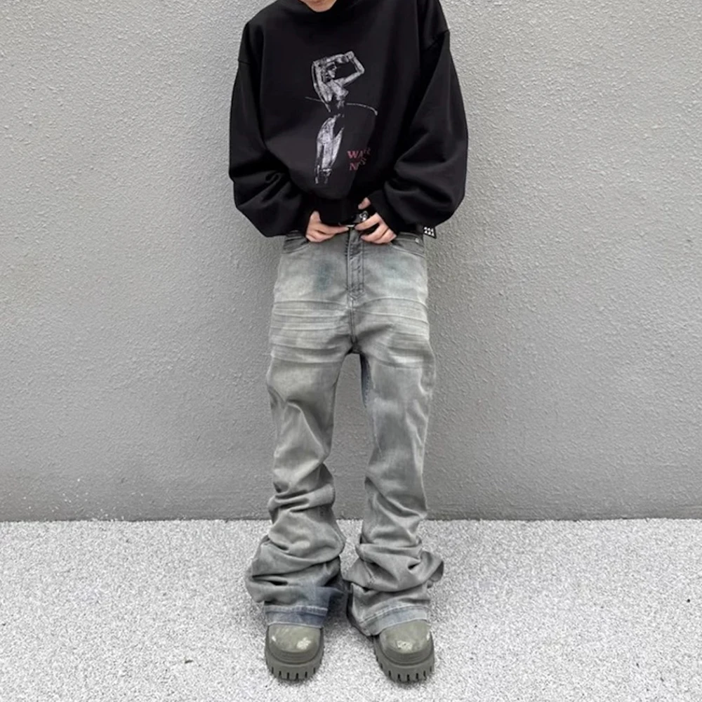 

Streetwear Wrinkle Boot Cut for Men and Women Straight Harajuku Stretch Baggy Casual Flare Pants Oversized Loose Denim Trousers