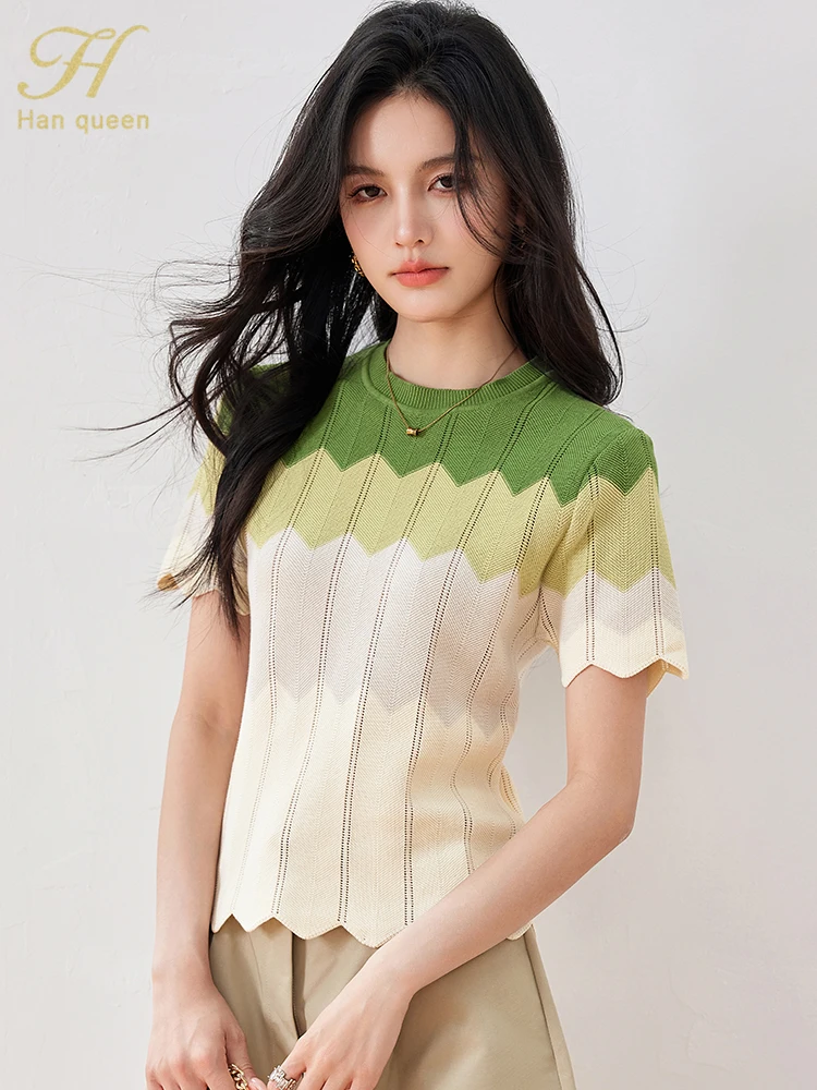 H Han Queen 2024 Female Clothing Striped Knitwear Simple Short Sleeve T-Shirt Summer Tops Korean Chic Casual Blouse Women Tees