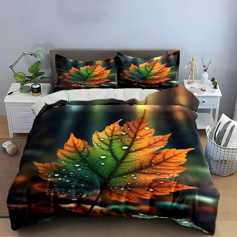 "Colorful Leaf Decor Set" Bedding Set with 1 Duvet Cover 2 Pillowcases Single Double King Queen, Gift