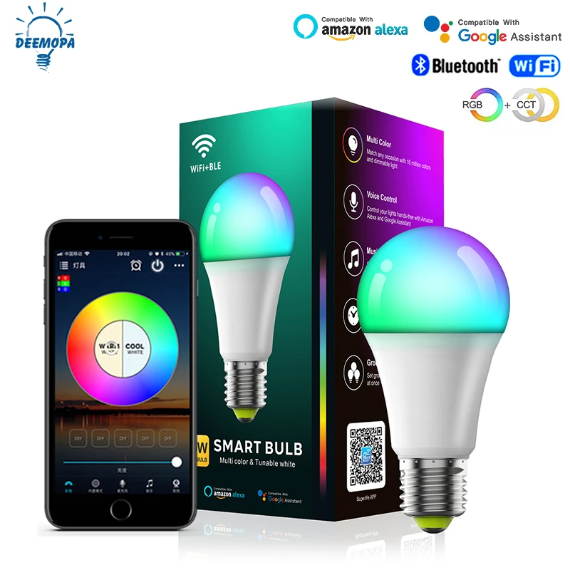 Ampoule LED intelligente WiFi 220V 110V, 9W 10W E27/E26 RGB + CCT, lumière intérieure Alexa Google Home ensemble, gradation de synchronisation de l'application