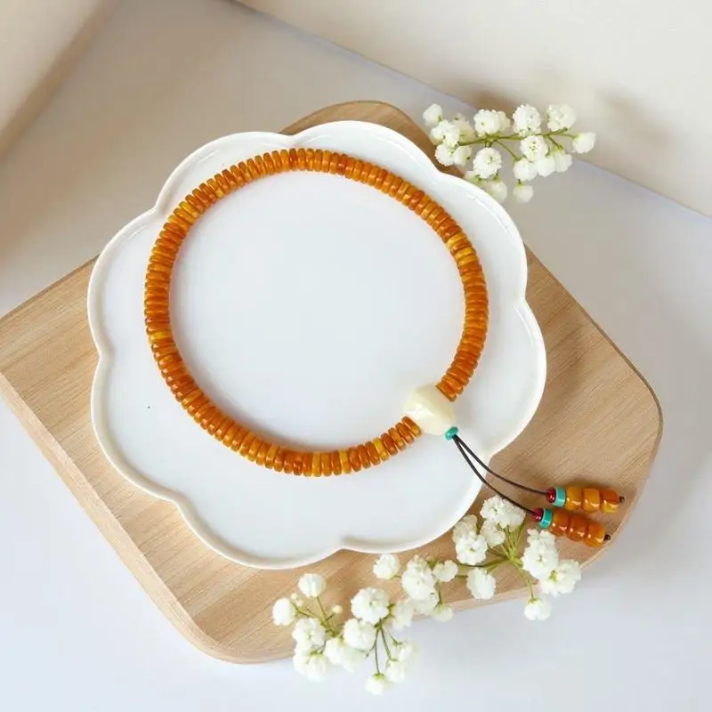 Optimized amber beeswax straight-cut tablet , 108 beads, Russian yellow three-way multi-loop bracelet, old wax separato