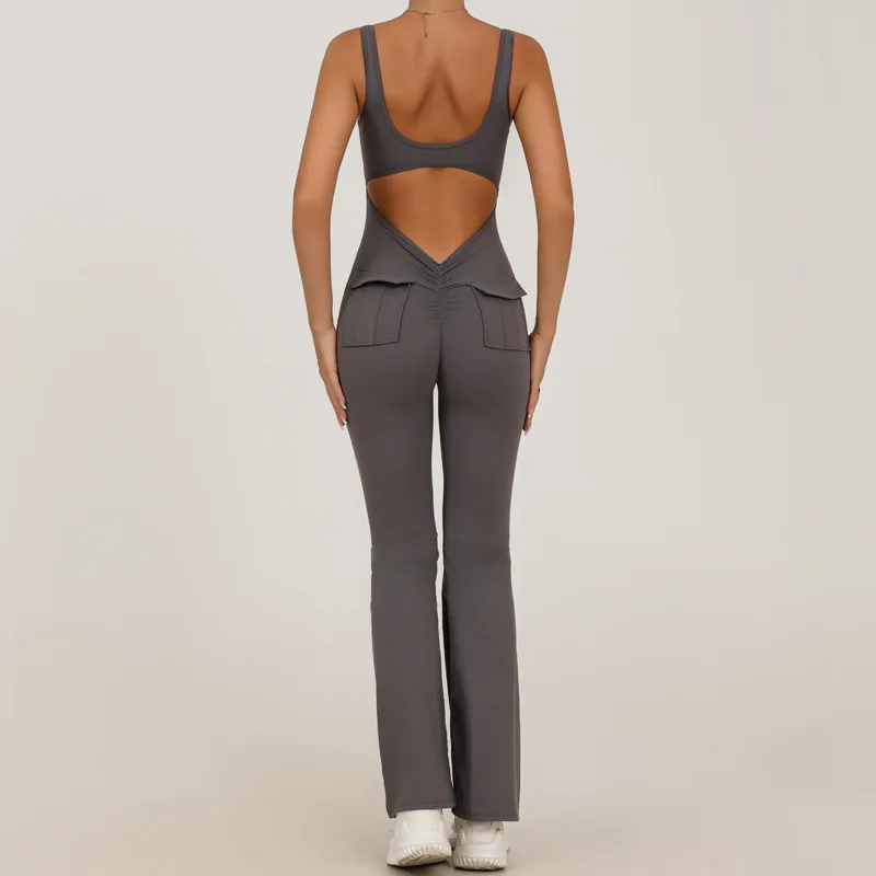 Tute da yoga senza cuciture con tasche Sport Fitness Backless Skinny svasato Abbigliamento da allenamento in un unico pezzo Body da palestra per donna