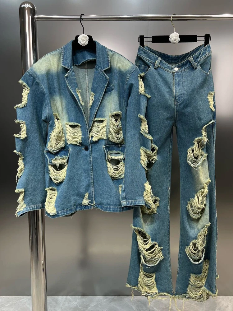 Vintage Street Denim Suit 2023 Autumn Ripped Tassel Loose Blazer Coat+Wide Leg Casual Jeans Straight Pants Two-Piece Set