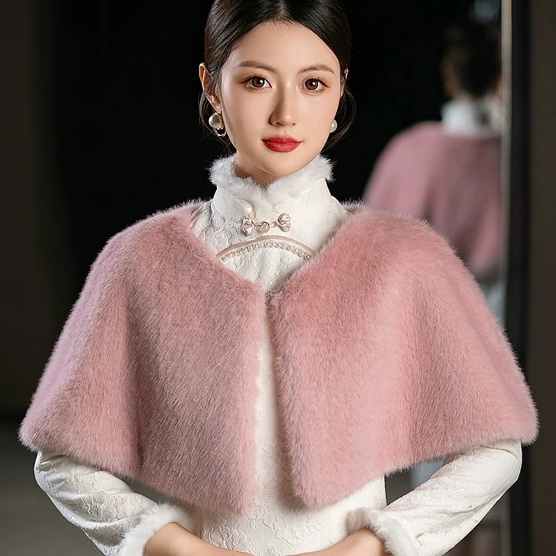 ผู้หญิงฤดูหนาว Faux FUR Shawl Elegant เจ้าสาวงานแต่งงานผ้าคลุมไหล่ Shrug ขนสัตว์เทียม Cape เสื้อคลุมเจ้าสาว Plush Shawl Wrap