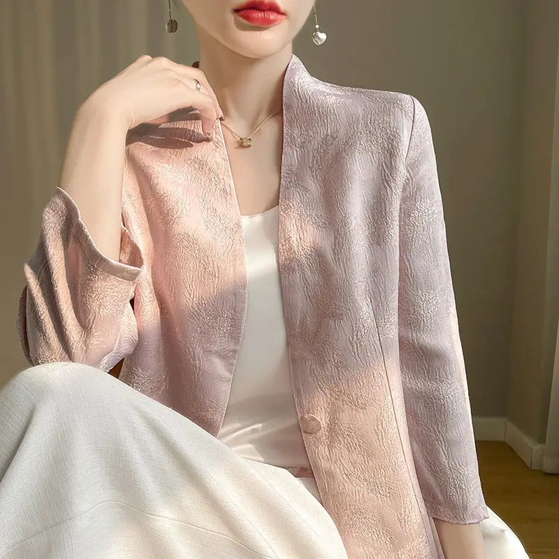 Insozkdg جديد الحرير الجاكار ثلاثة أرباع كم الخامس الرقبة دعوى سترة النساء الملابس الراقية الرجعية سليم السببية السترة النساء بلايز