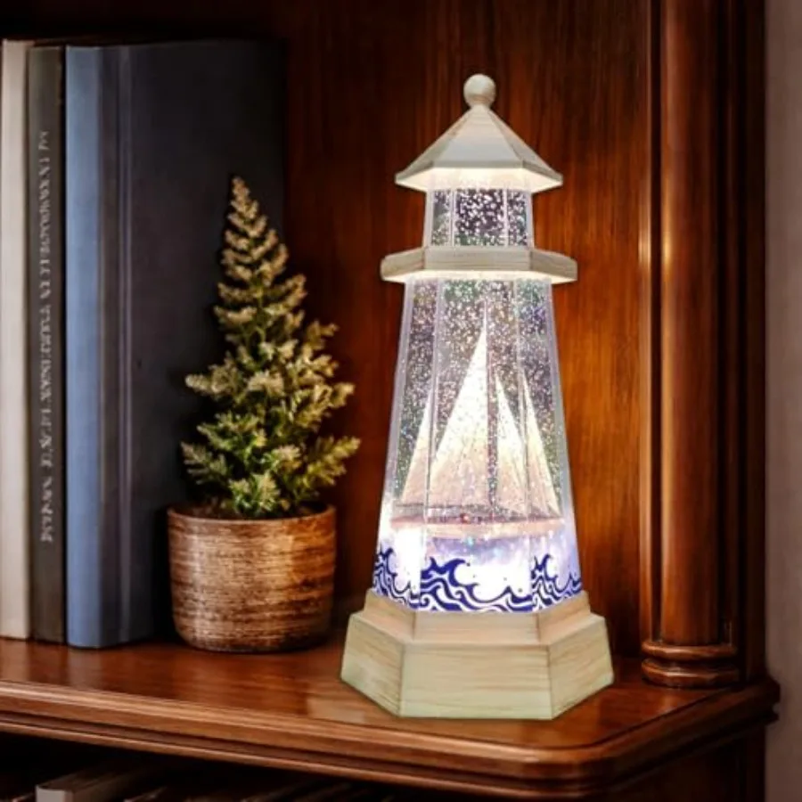 Lámpara de Mesa Náutica Decorativa con Luz LED Acrílica, Diseño de Faro Giratorio con Destellos en Movimiento, Funciona con Pilas, 3 Unidades