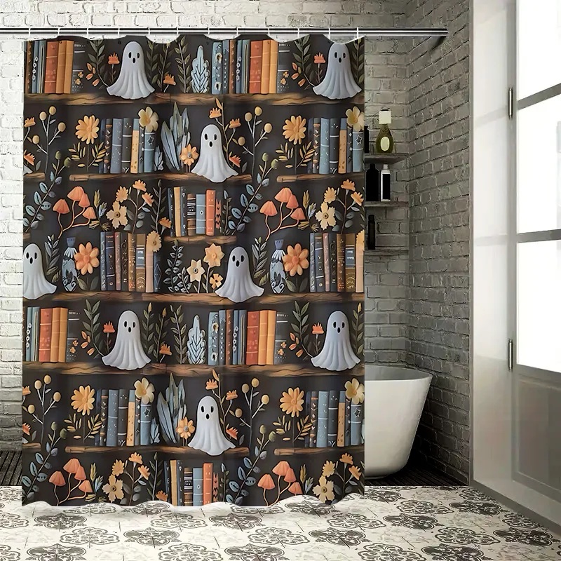 

Занавеска для душа «Жуткий Хэллоуин» с призраком и книжной полкой — идеально подходит для развлечения и праздничного декора ванной комнаты, легко чистится