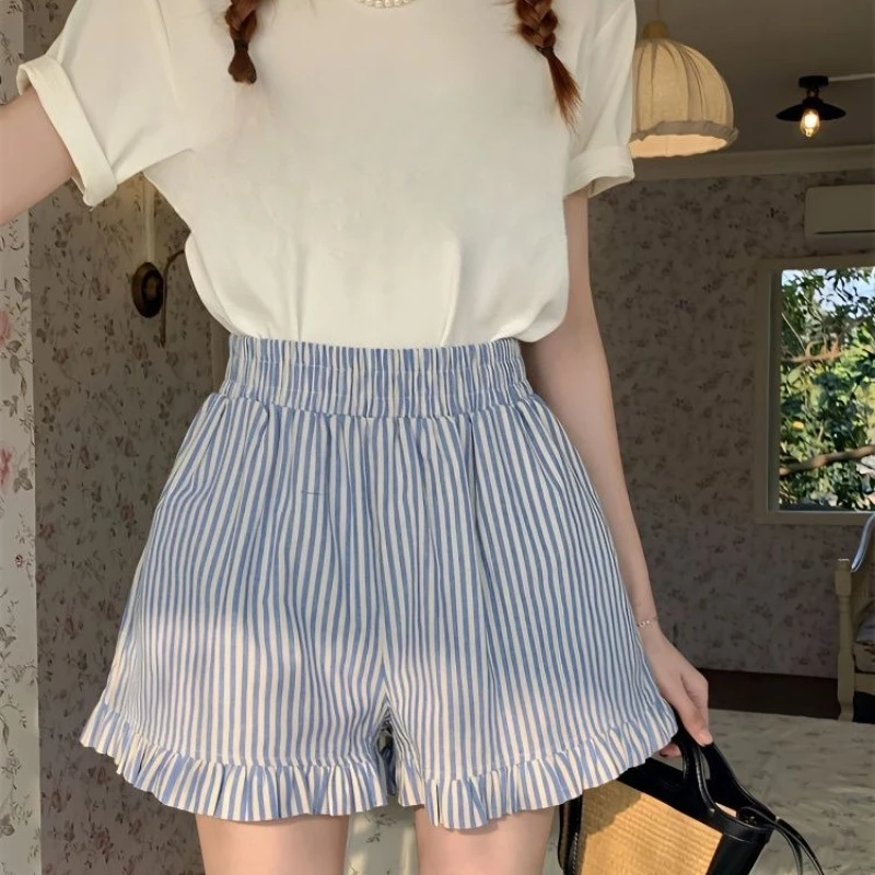 

Spice Girl Striped High Waist Casual Shorts Female Summer Retro Joker Wide Leg Hot Pants