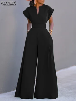 ZANZEA-monos largos de manga corta para mujer, traje elegante de vacaciones, pantalones de pierna ancha, monos informales, 2023