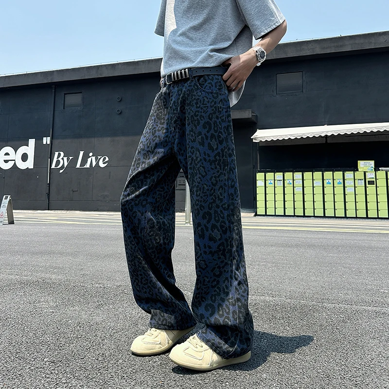 

Men Fashion HIP HOP High Street Look Taller Jeans Male Leopard Youth Popular Denim Pants Vintage Casual Streetwear Trousers