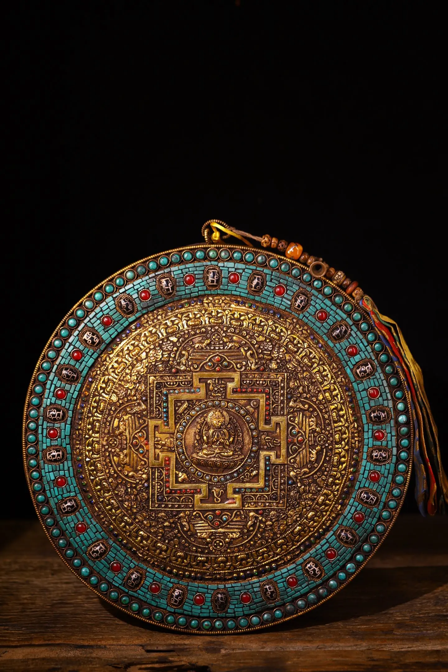 Old Tibetan Silver Gilded Filigree Mosaic Gem gZi Beads Turquoise Four armed Guanyin Buddha Thangka hanging panel