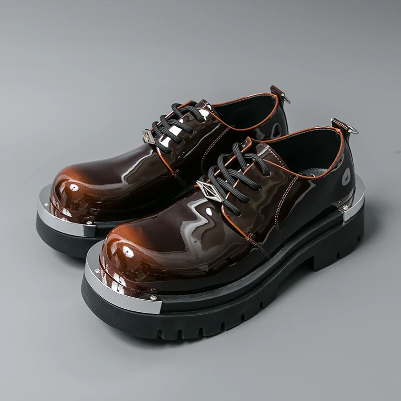 

Мужские корейские мужские кожаные туфли в стиле Харадзюку, уличная модная повседневная обувь на толстой платформе, увеличивающая рост, металлические кожаные свадебные мужские лоферы