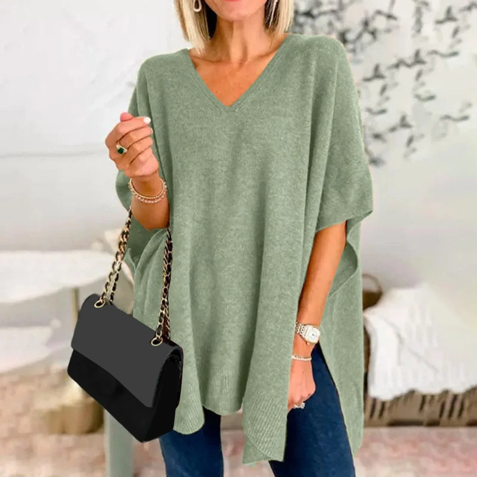 Autumn New Women's Clothing Sweater Cape Draped V Neck Loose Sweater Top Bat Sleeve Knitted Fashion Pullover Sweater Cloak