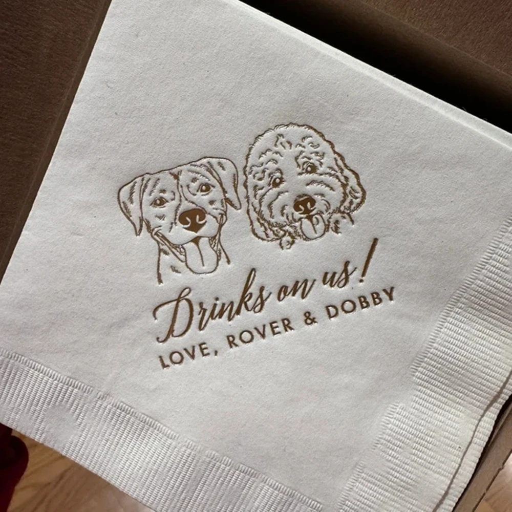 

Drinks on Us! Custom Illustrated Dog Wedding Napkins, Pet Wedding Napkins,Bridal Shower, Engagement Party, Bar Napkins, 50Pcs