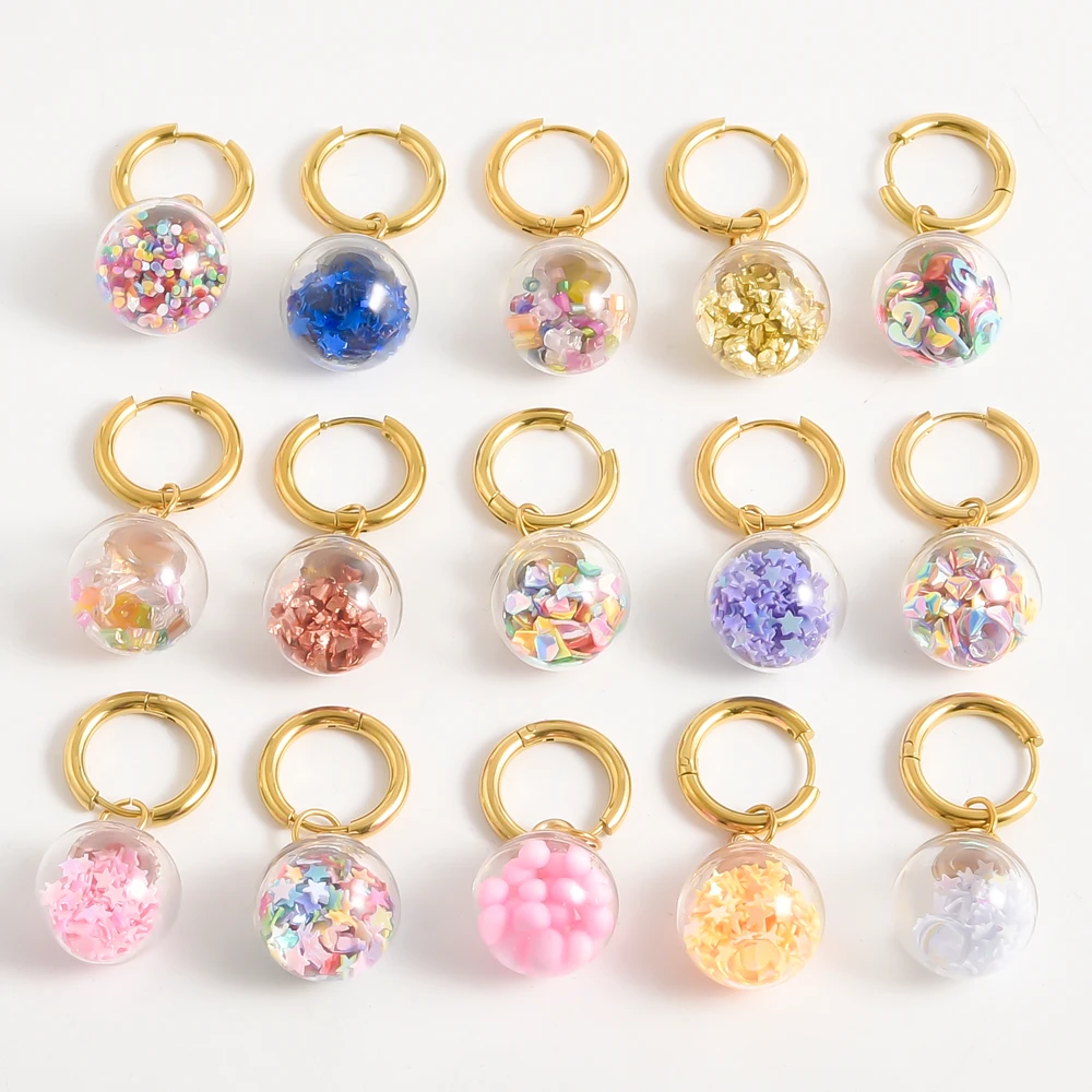 

1-10pcs Stainless Steel Round Earring Colorful Sequins Star Shaped Sequins Round Beads Crystal Ball Pendant Earrings Accessories