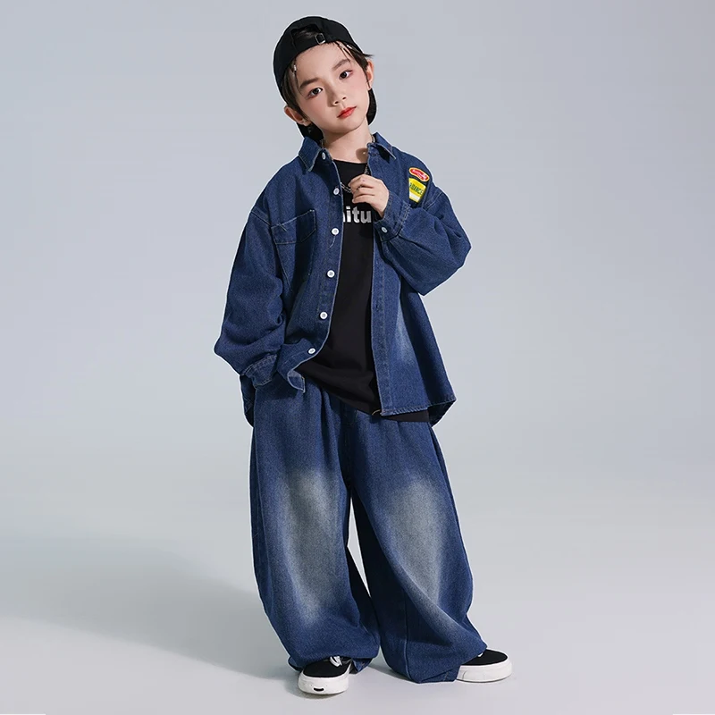 Kinder Hip Hop Kleidung Jungen Baggy Denim Mantel Hosen Street Wear Lange Ärmel Pause Poppin Dance Performance Outfit Rave BL14238