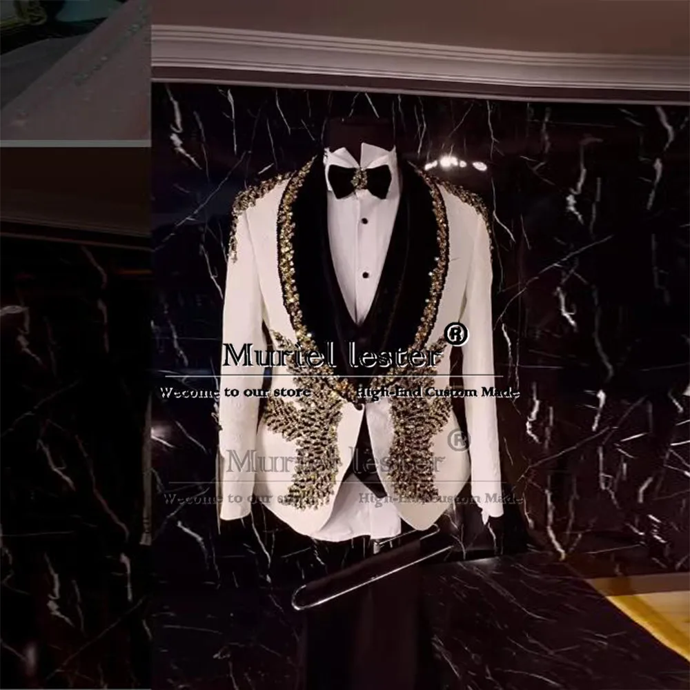 Luxury Jewelry Ornament Wedding Suits Bespoke Velvet Lapel Jacquard Prom Blazer Tailor-made Man Chic Banquet Dinner Suits Men