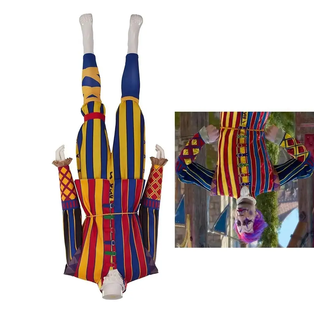 

Game Dribbles Cosplay Clown Costume for Men Fantasia Colorful Striped Top Pants Suit Halloween Carnival Party Stage Show Uniform