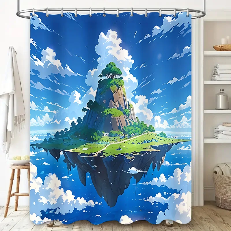 Sky Island Fantasy Shower Curtain Aerial Mountain View Lush Greenery Cloudy Sky Bath Decor Waterproof  Durable  Elevate Space