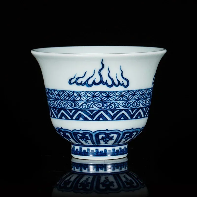 Jingdezhen Blue and White Hand-painted Flame Pattern Ceramic Porcelain Kung Fu Clear Tea Water Cups Chinese Style Mini Teacup