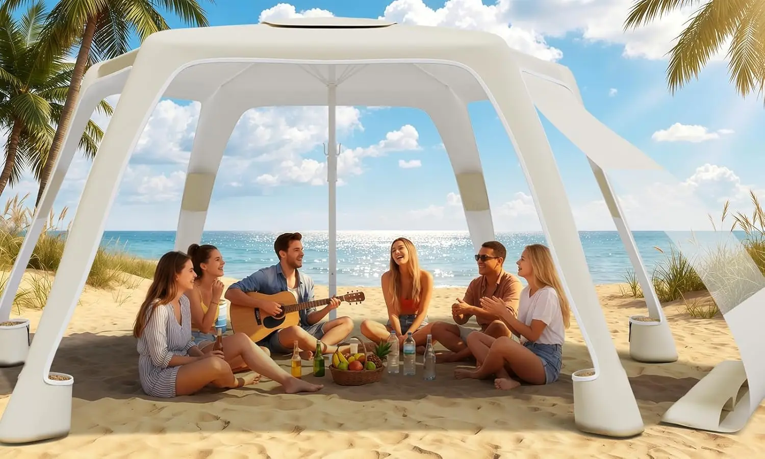 

UPF 50+ 6-Corner Beach Cabana, 8 x 8 ft Adjustable Height Sun Shelter Tent, Portable Canopy with Removable Side Wall, Beach Shade for Garden and Camping, Beige