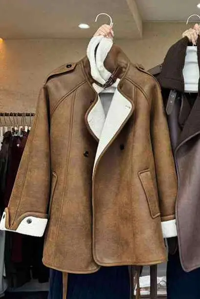 

Premium Korean Style Women's Coat 2024 Winter Long Shearling Jacket Plush Lined Thick Lapel Button Front Elegant Outerwear