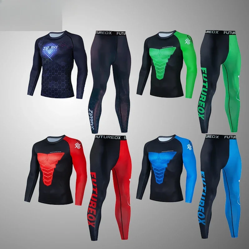 New Sports Training Running Fitness Suit Long Sleeve Shirt Top Tight Pants Sets Sportswear Gym Workout Compression Clothing Men