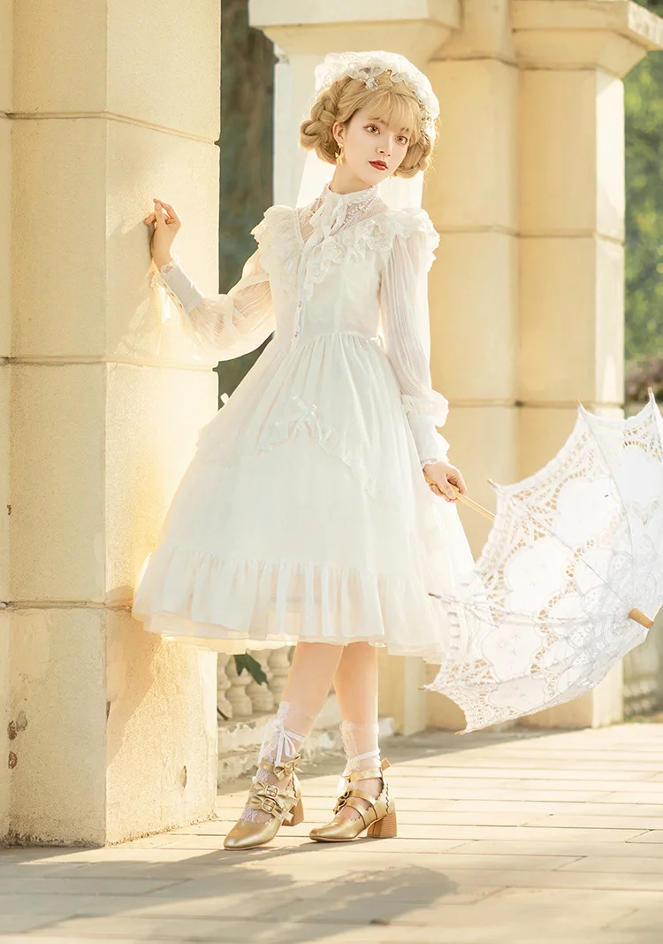 Original design Authentic Lolita Camellia Court retro slim elegant long sleeve new floral Wedding Alice dress