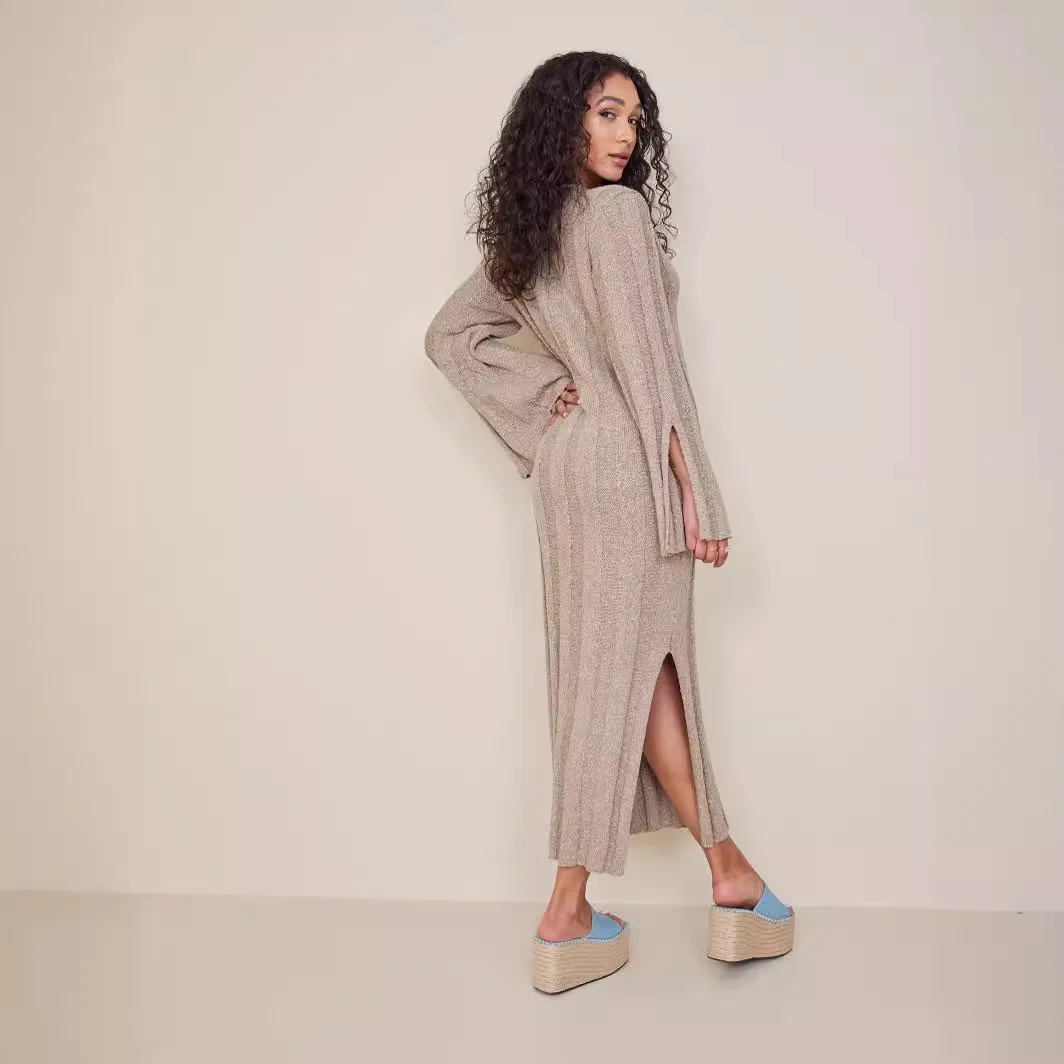 2025 Women New Long-sleeved V-neck Loose Long Solid Color Dress For Women's Fashionable Knitted Office Commuting Versatile Dress