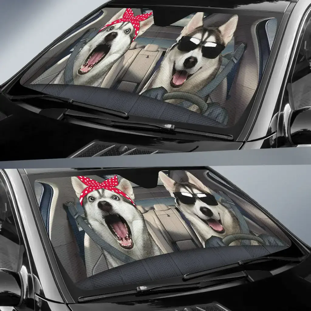 Lustige Husky Paar Auto Auto Sonnenschirme Tier Hund Fahrer Auto Windschutz scheibe Sonnenschutz Autozubehör