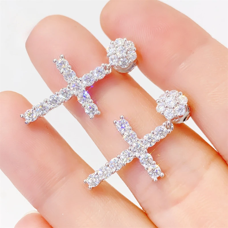 Hiphop Iced Moissanite Cross Flower Drop Earrings Women 925 Sterling Silver D VVS Moissanite Diamond Dangle Earringsn Pass Test