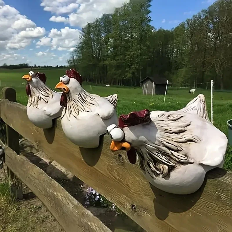 

1PC Chicken Sitting On Fence Funny Decor Garden Statues For Fences Or Any Flat Surface, Rooster Statues Wall Art Yard Art Sculpt