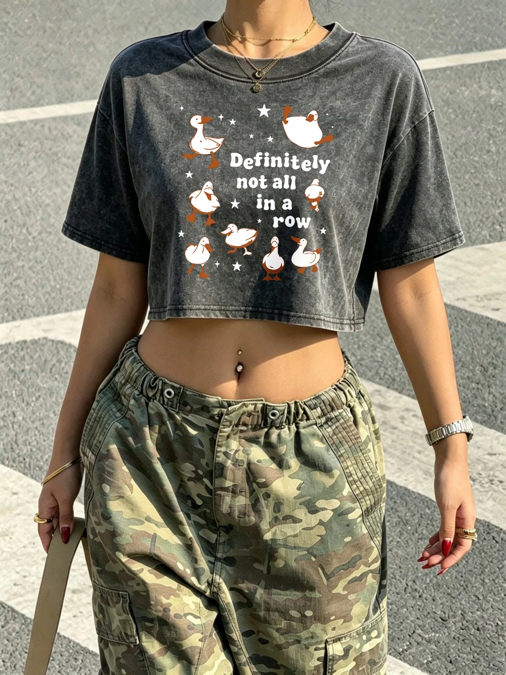 Definitely Not All In A Row Duck Prints Crop Tops Women Summer Cotton Washed T-Shirts Sexy Regular Fit O-Neck Tees Y2K Clothes