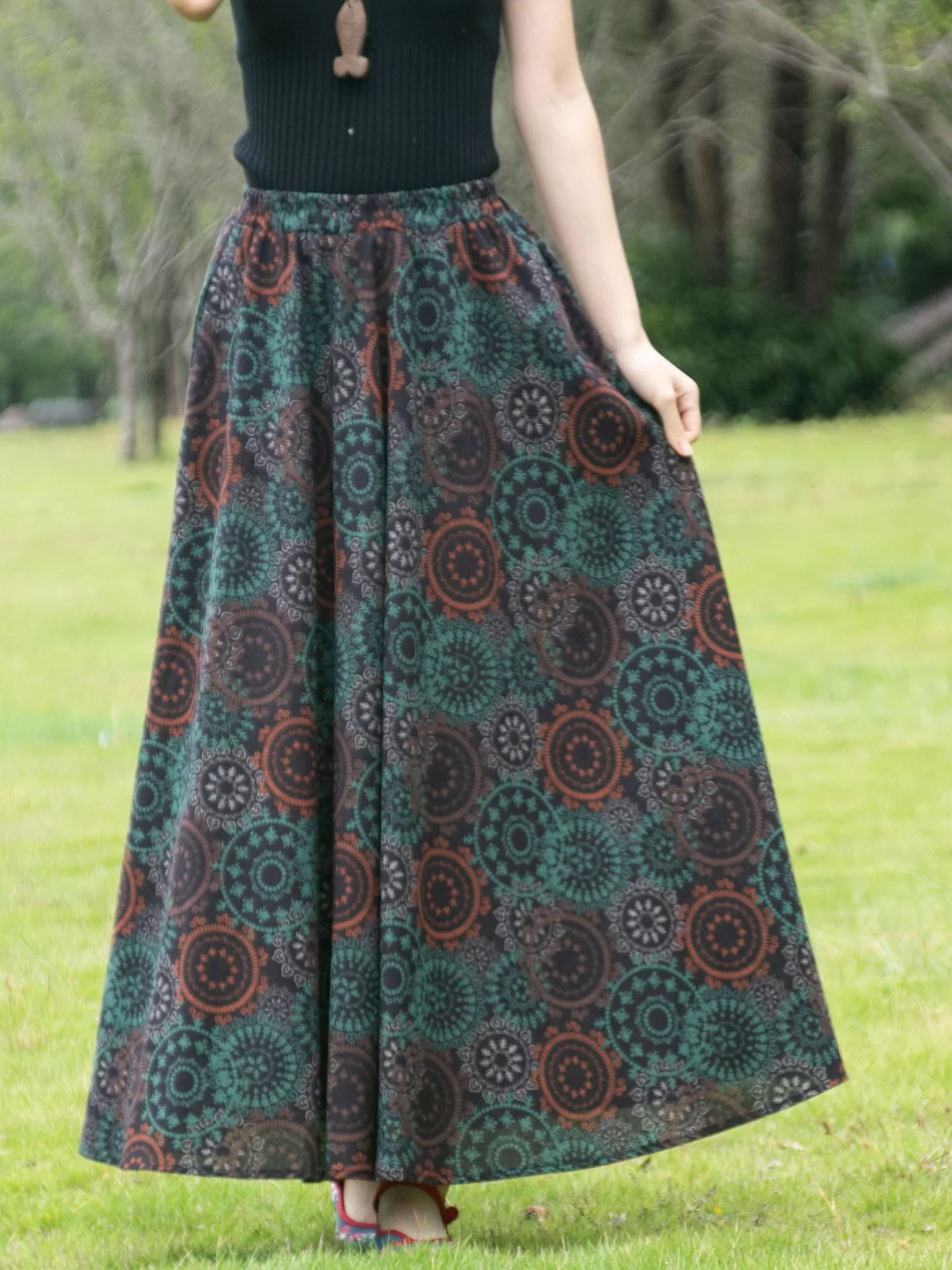 TIYIHAILEY ロングマキシ丈 レディース コットンリネン プリントスカート Aライン ゴム入りハイウエスト 2025 レディース 2025 新作 春秋ファッション