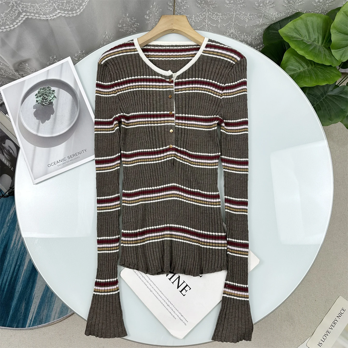 

Ретро-трикотажная кофта в полоску для женщин: облегающая, эластичная, с круглым вырезом, удобная, с длинным рукавом, осенний пуловер