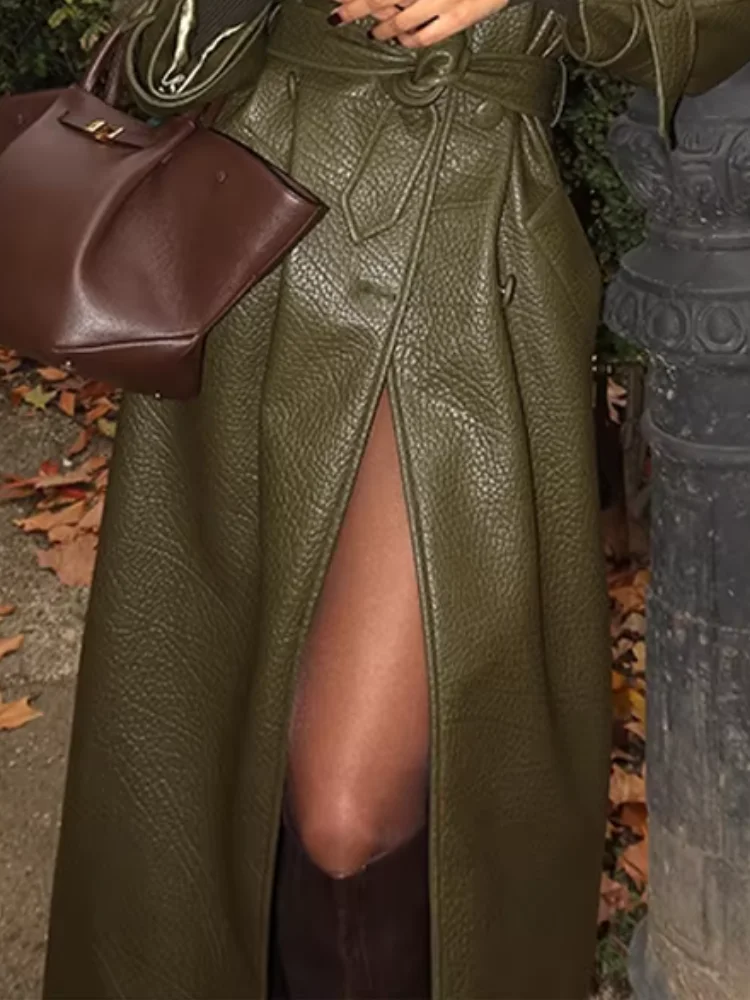 

Уличная длинная куртка из искусственной кожи, женская модная однотонная куртка с лацканами и поясом на шнуровке, свободное пальто для женщин, осень 202, винтажная повседневная верхняя одежда