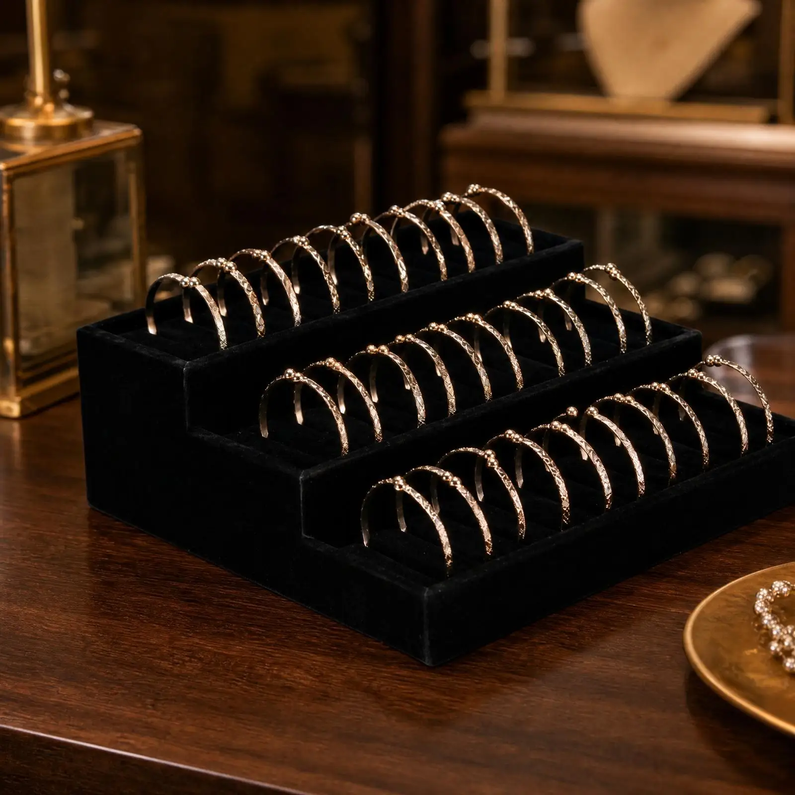 Multi Tier Bracelet Display Stand with Slotted Padded Surface for Jewelry Organizing