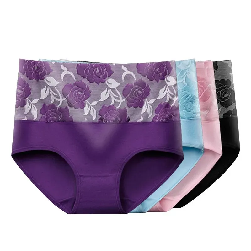 3Pcs/Lot High Waist Panties for Women Cotton Plus Size Underwear Female Print Flower Briefs Ladies Shapers Soft Sexy Lingeries