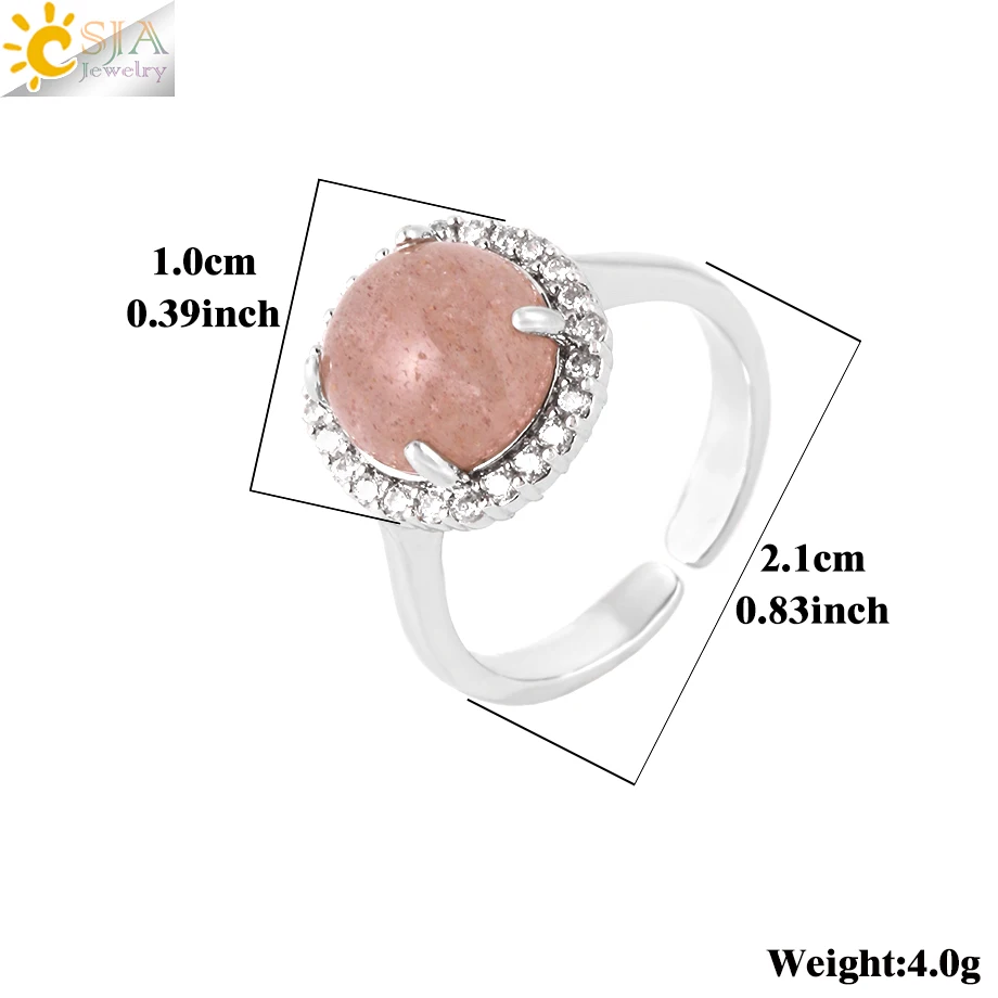 CSJA Natural Stone Ring Women Round Cabochon Pink Quartz Crystal Bead Luxury Zircon Trendy Wedding Jewelry Accessories H263