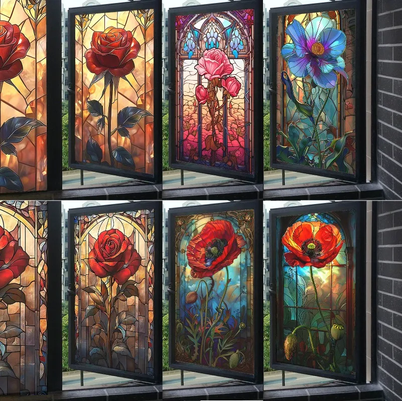 Retro Church Stained Glass Film Corn Painted flowers Matte Self-Adhesive Privacy Window Film Living Room Bathroom Balcony Decor