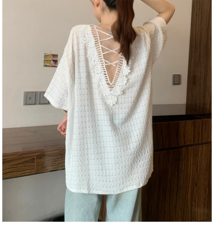 T-shirt da donna O-Collo ampia senza schienale manica corta T-shirt eleganti e chic T-shirt francese Abbigliamento taglie forti abbigliamento donna