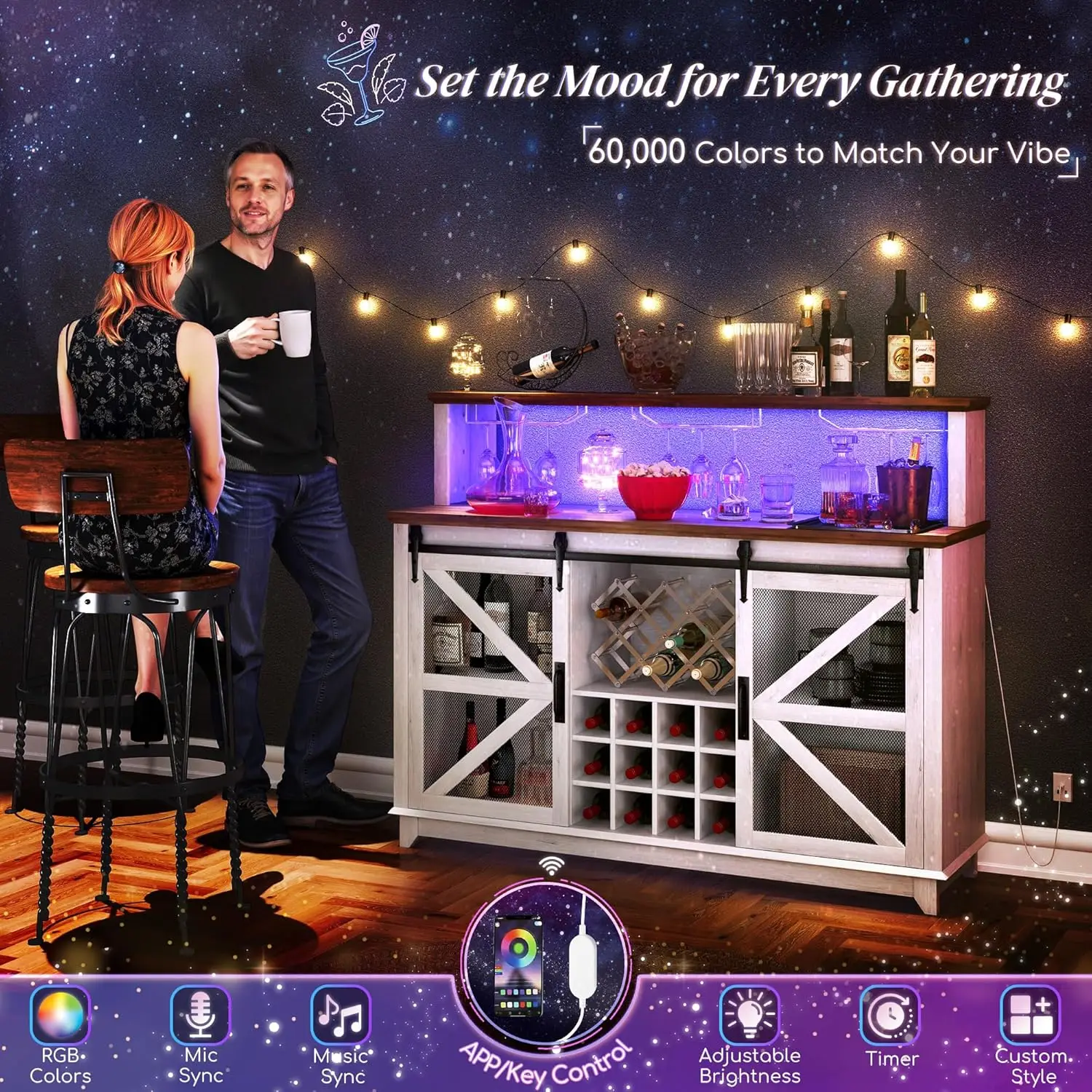 Smart LED Coffee Bar Cabinet 55in Wine Rack Glass Holder Sliding Mesh Door Kitchen Buffet Customized