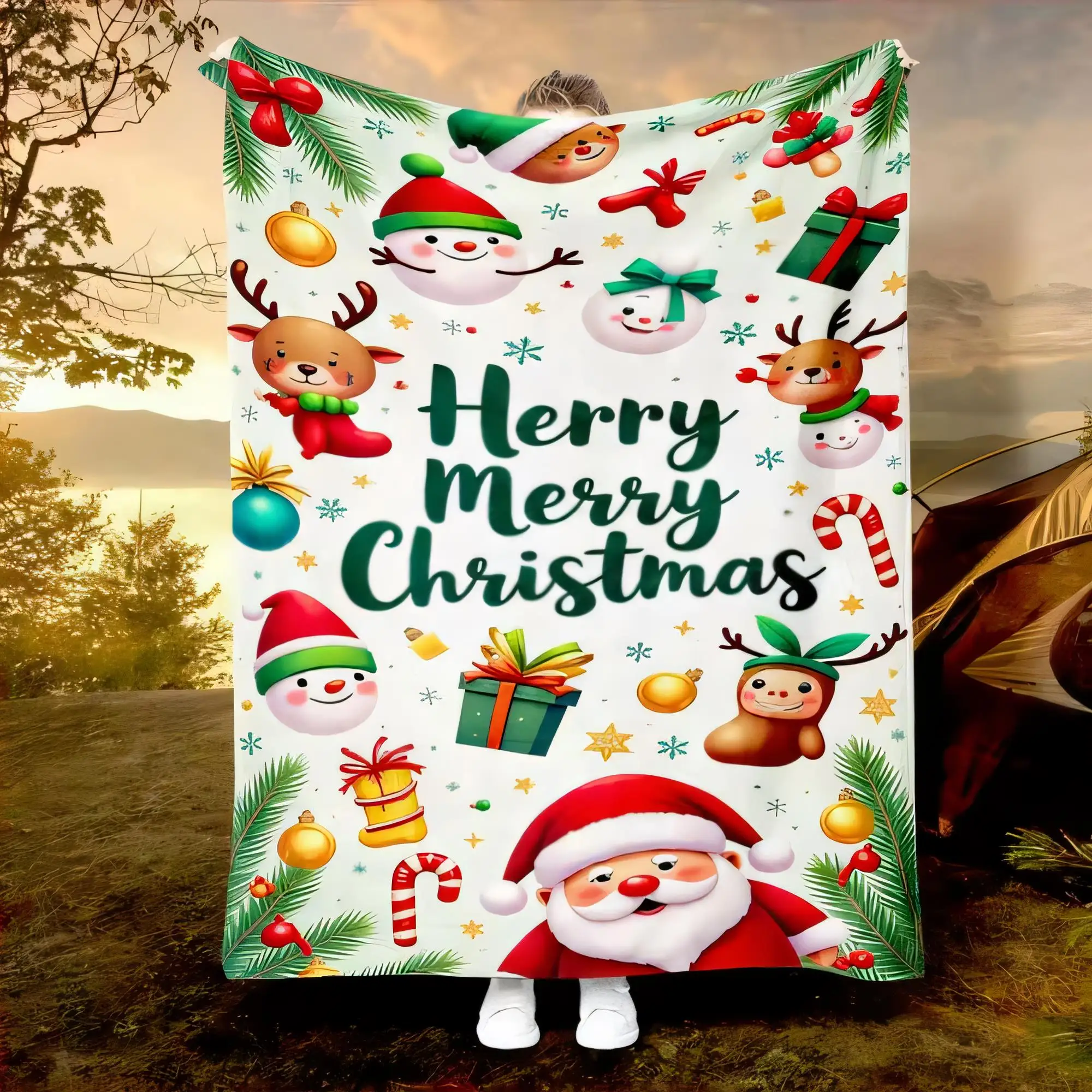 Manta vibrante con temática navideña con muñecos de nieve, renos, Papá Noel y frases 'Merry Christmas': perfecta para las vacaciones C