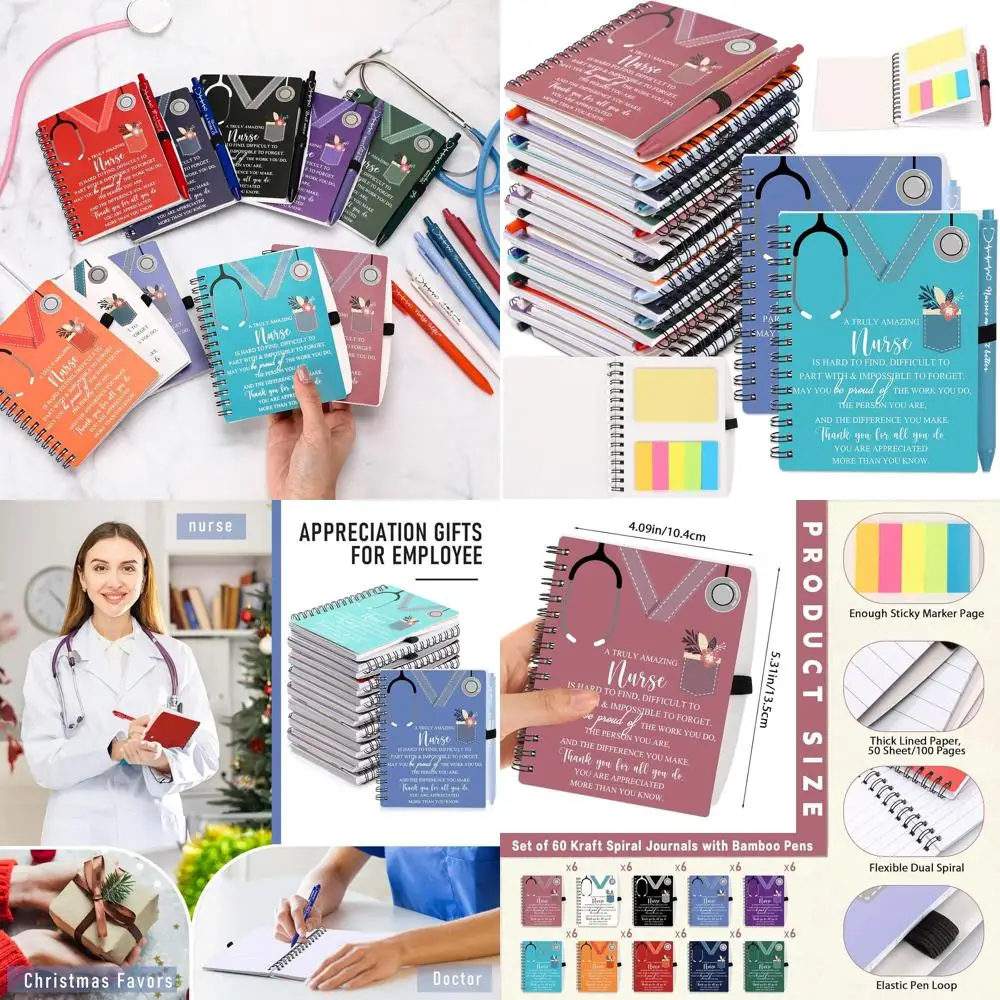 

Nurse Appreciation Gifts: 60-Set CNA & Nursing Team Christmas Journals, Sticky Notes & Pens in Bright Colors