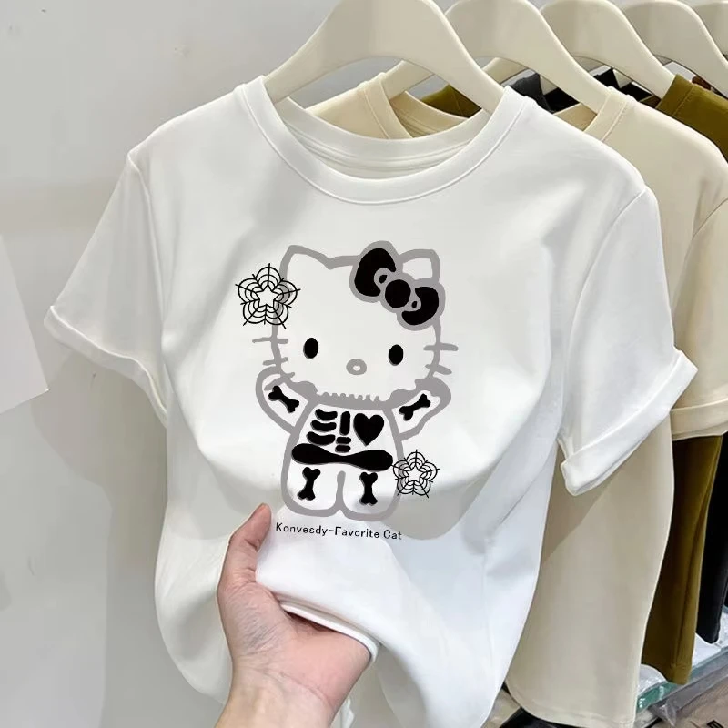 

Новинка лета 2029, женская футболка с короткими рукавами и принтом Hello Kitty, свободный модный и повседневный топ с круглым вырезом и половиной рукавов в стиле S
