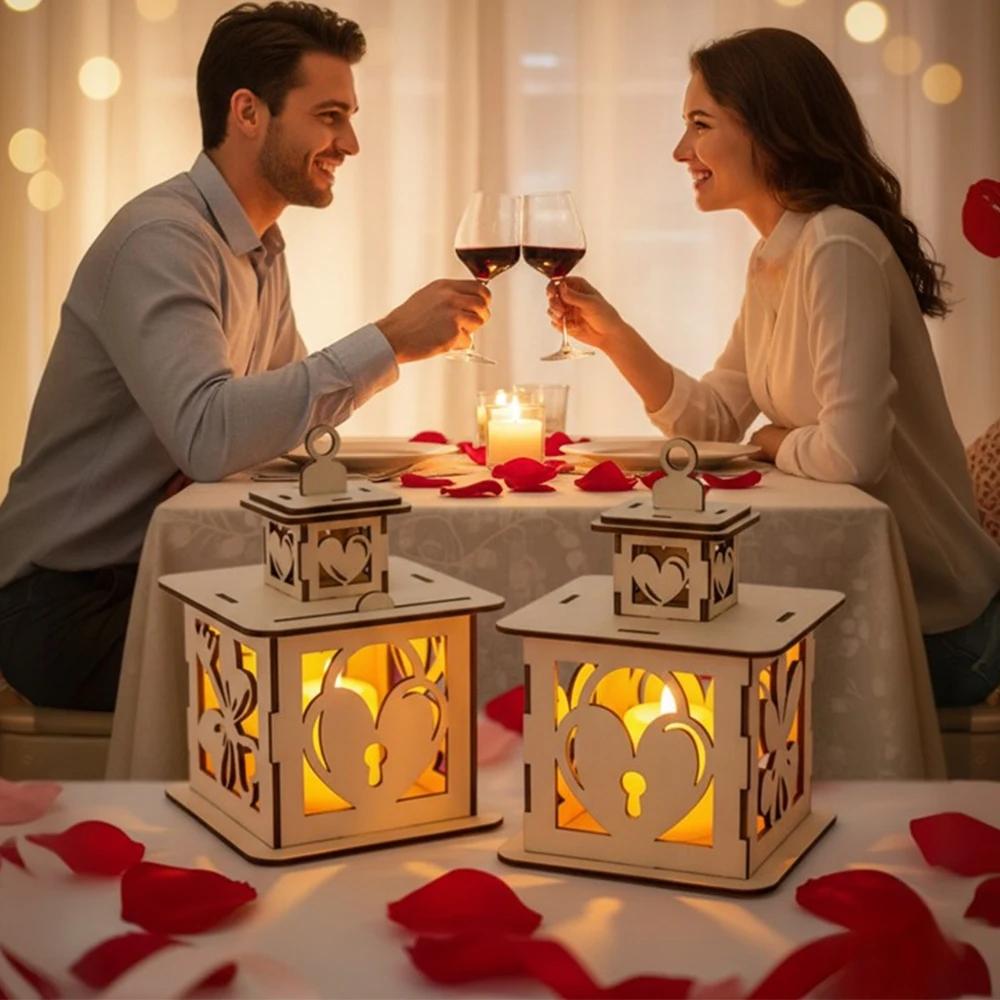 DIY Valentine's Day Wooden Candle Holder, Heart & Lock Design Vintage Tabletop Lantern, 14.8cm Tall,
