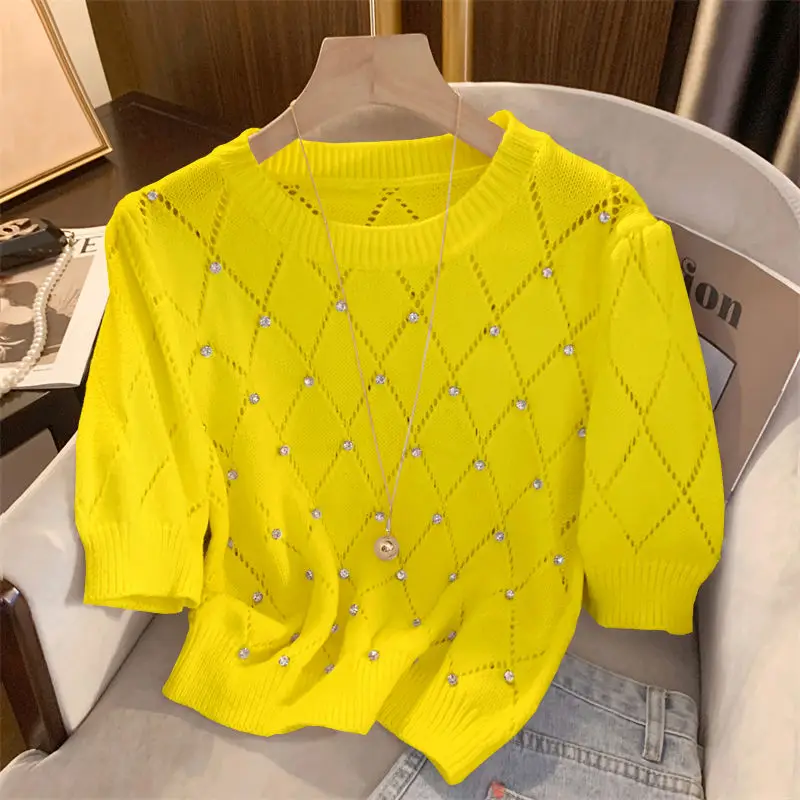 Rhombus Hollow Out Diamond-encrusted Short-sleeved Sweater Women's 2024 New Chic Fashion Loose Round Neck Pullover